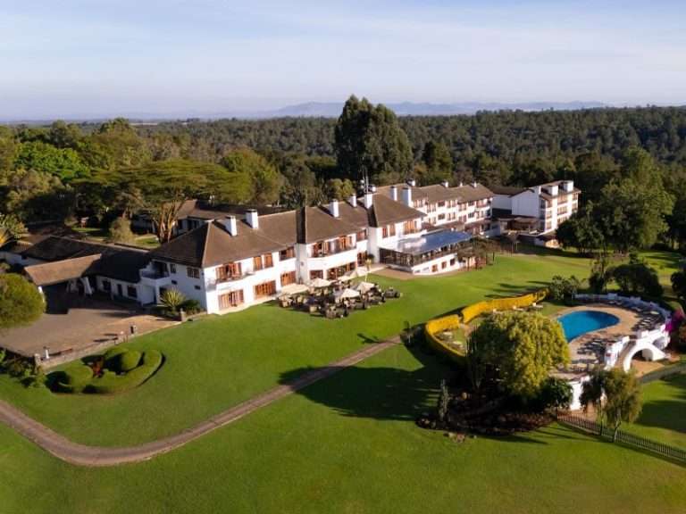 Main building of a colonial-era safari club hotel at the foot of Mount Kenya, Nanyuki