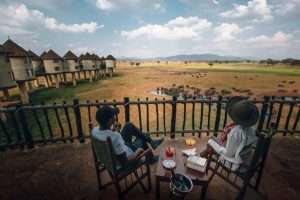 Stilted bandas of Salt Lick Safari Lodge overlooking the waterhole