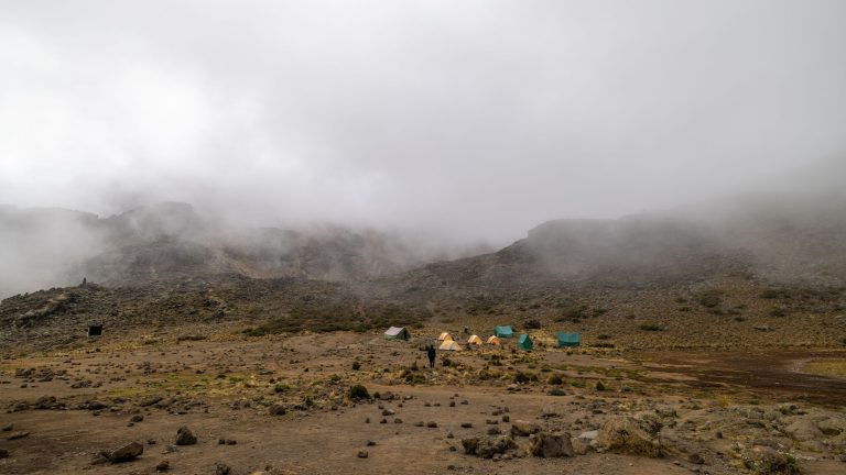 Campsite shrouded in fog on Mount Kilimanjaro's wilderness slopes