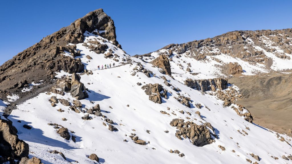 A group of mountaineers scaling the snowy upper slopes of Mount Kilimanjaro