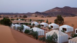 Aerial view of luxury safari tents set in a desert landscape