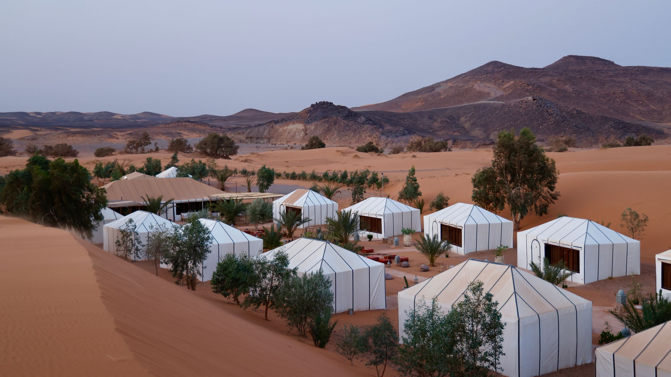 Luxury safari tents set in a desert landscape with hills in the background
