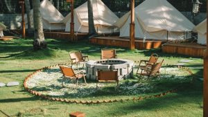 Stylish glamping tents in a serene setting with a cozy fire pit area