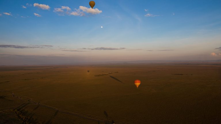 Hot air balloons drifting over the Maasai Mara at sunrise